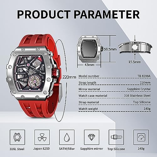 Image of TSAR BOMBA Men's Automatic Watch Tonneau Luxury Skeleton Watches for Men Mechanical 50M Waterproof Analogue Watches Mens Unique Cool Square Big Face Dial Wristwatch with Silicone Strap Band
