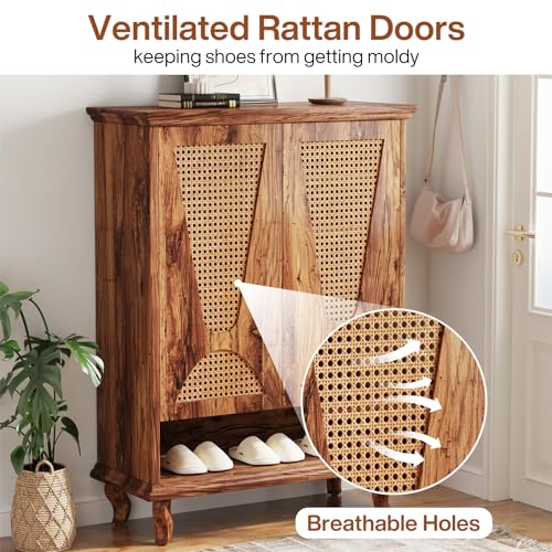 LITTLE TREE Rattan Shoe Cabinet for Entryway, 5-Tier Large Hidden Shoe Organizer Cabinet with Ventilated Doors, Modern 25-Pair Shoe Rack Closet Organizer Shoe Storage Cabinet for Bedroom