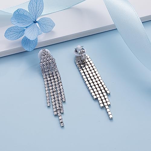 SELOVO Bridesmaid Wedding Paty Tassel Rhinestone Clip On Drop Dangling Earrings Silver Tone (2.2inch -Triangle)4