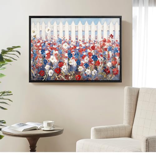 Image of Wildflower Field Framed Canvas Wall Art, 4th of July Red White Blue Canvas Prints, Vintage Rustic Landscape Patriotic Decorations, Independence Day Wall Decor for Bedroom Living Room Office 24x32