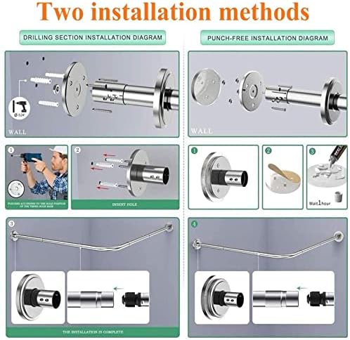 Easy Installation Shower Curtain Rod Adjustable Corner Ceiling Support Curved Rod,Shower Curtain Rail L Shaped, Telescopic Shower Curtain Pole, Curved Shower Curtain Rod Stainless Steel, No