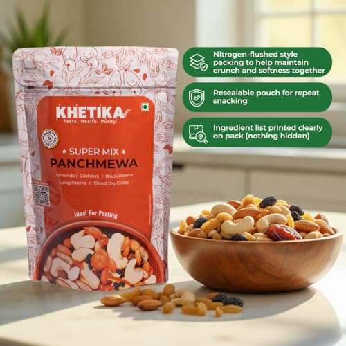 Image of Khetika Premium Panchmeva 200g | 5 Superfood in 1 Mix, Dry Fruits, Mixed Nuts, Mixed Fruits, Contains Cashew, Almond, Long Raisins, Black Raisins, Sliced Dry Dates (Pack of 2)