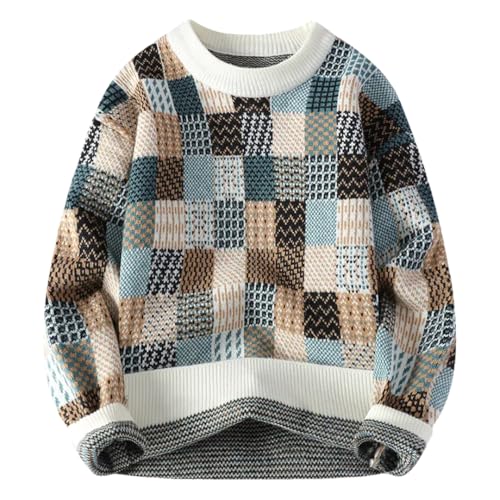 Men Casual Round Neck Knitted Sweater American Style Pullover Jumpers Loose Plaid Sweaters