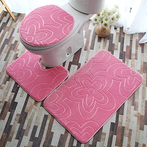Badezimmer Teppiche Set,Badematten Teppich-Set 3-Teilig Rosa Blumen Prägung 3D-Druck Rutschfeste Badematten Weiche…
