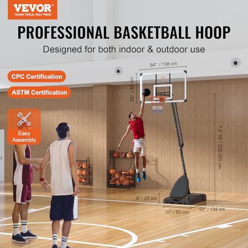 Image of VEVOR Basketball Hoop, Basketball Hoop 44 48 50 54 Inchs PC Backboard, 4.4-10FT Height Adjustable, Basketball Portable Hoop& Goal, Indoor /Outdoor Classic Basketball Court, Teen Adult School Park