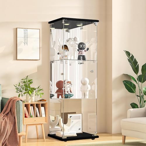 QMTXBYJ Glasvitrine mit LED-Beleuchtung, 125x43x37cm, Modern Vitrine mit 3 Regalen, 1 Türen Glas Vitrine Vitrinenschrank, Glasschrank Standvitrine aus Gehärtetes Glas und Holz, für Wohnzimmer