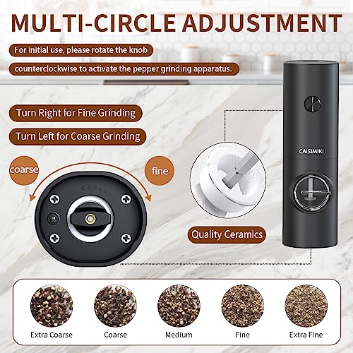 Caisimiki Electric Salt Or Pepper Grinder Battery Operated, Automatic Pepper Mill Grinder With Led Light, Adjustable Coarseness, One Hand Operated, Free Brush And Spoon, Black, 1 Pack #TOP1