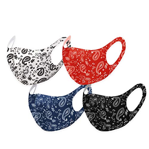 Unisex Adult Fashion Face Covering, Reusable, Dust Proof, Washable Light Weight Multi Design Hiking, Biking, Camping Sports Outdoor (Paisley 4 Pack WH,RD,BL,BK)