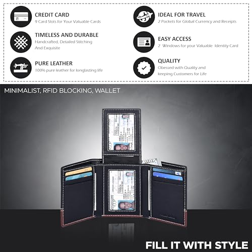 Image of Leather Trifold Wallets for Men with Rfid and 9 Credi Card Front Pocket Wallet (Black /Cognac), Black /Cognac, Small, Cfh12