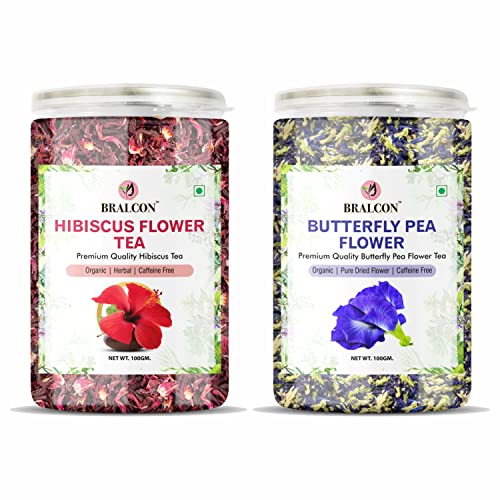 Image of BRALCON Natural Herbal Tea Combo Pack - Hibiscus Flower Tea and Butterfly Pea Flower Tea - 200g (100g x 2 Pack) | Reduce Stress, Improve Digestion