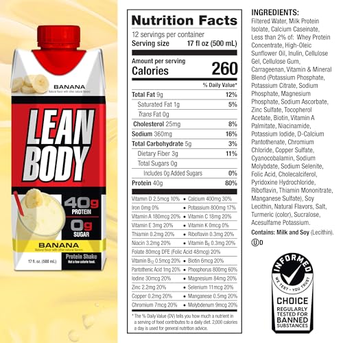 Image of Labrada Lean Body Ready-to-Drink Banana Protein Shake,40g Protein,Whey Blend,0 Sugar,Gluten Free,22 Vitamins & Minerals,17 Ounce (Recyclable Carton & Lid - Pack of 12) LABRADA