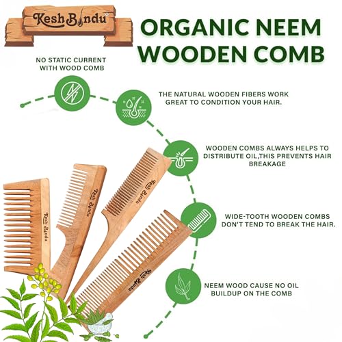 Image of Handmade Kacchi Neem Wooden Comb For Men & Women Detangling, Frizz Control & Shine, Suited For All Hair Diffrent Type of Kangi Combo Pack 4pis (Handle + Wide Tooth + Tel + Dual Tooth)