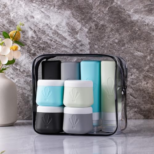 INSFIT 8 Stück Silikon Reiseflaschen Set, TSA genehmigte Reiseflaschen Zum Befüllen, 90ml Reiseset Flüssigkeiten 60ml Cremedosen Zum Befüllen, auslaufsichere Travel Bottles Reise Gadgets