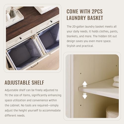 Image of IFBUY Triple Tilt Out Laundry Hamper Cabinet, Trash Cabinet, Antique White