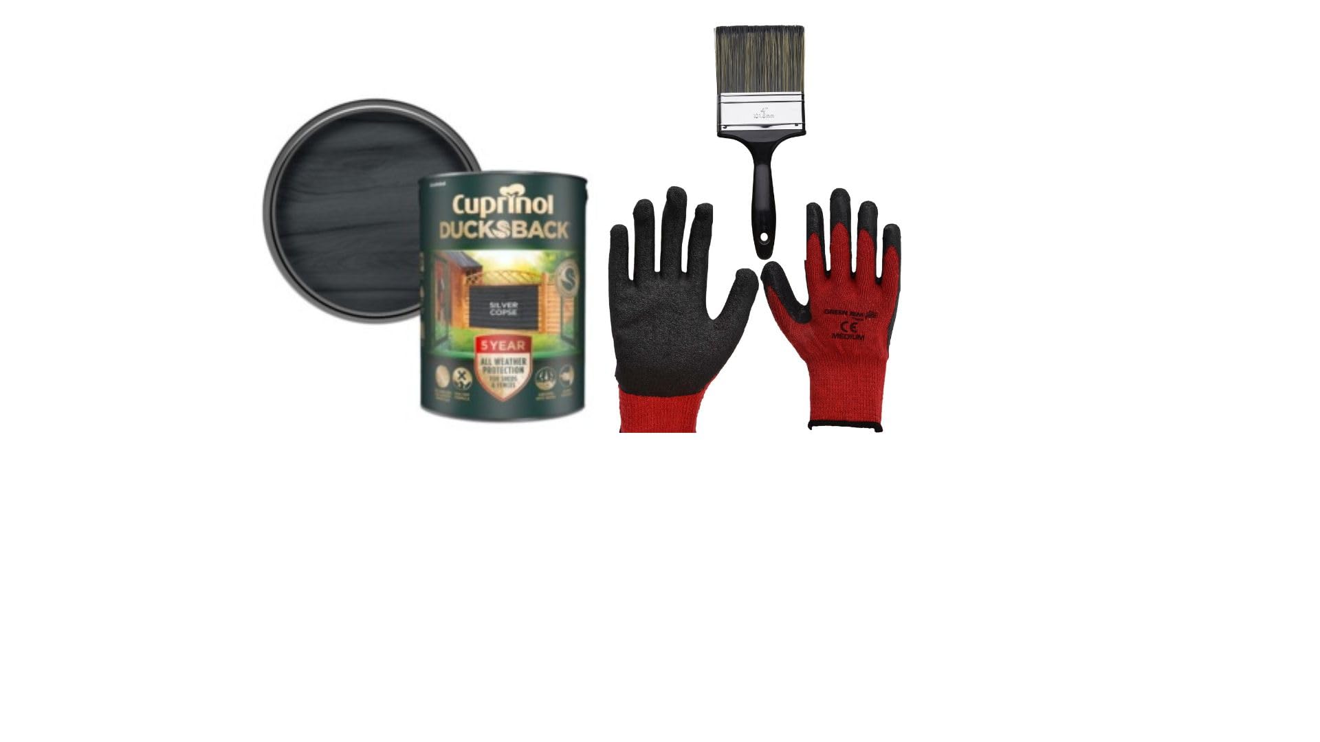 FAB INT PRODUCTS Cuprinol Ducksback 5 Year Waterproof for Sheds and Fences, 5L, Include Glove L, 4" Brush, (Silver Copse)