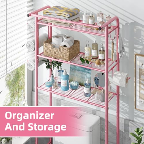 Image of Simple Trending 3 Tier Over The Toilet Rack, Shelf Bathroom, Bathroom Stand Organizer Space Saver, Pink