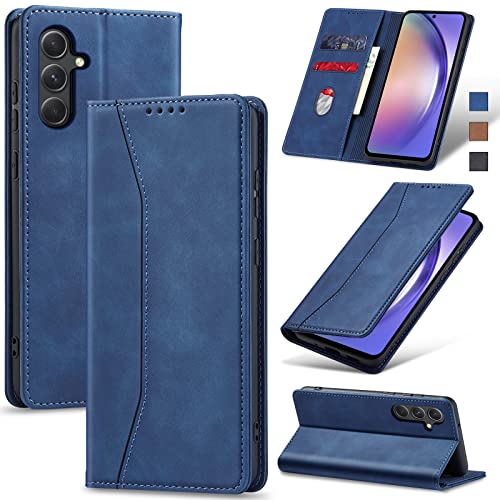 Image of Jasonyu Flip Wallet Case for Samsung Galaxy A54 5G,Leather Magnetic Folio Cover with Card Holder,Kickstand - TPU Shockproof Durable Protective Phone Case,Blue