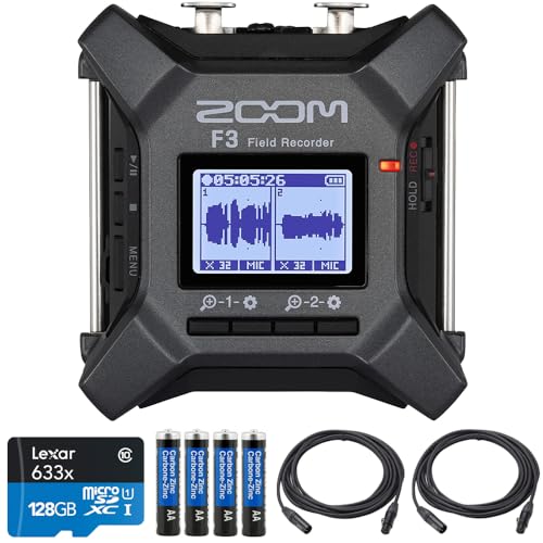 Zoom F3 2-Input Portable Field Recorder with 32-bit Float Recording Bundle with Panasonic 4-Pack AA...
