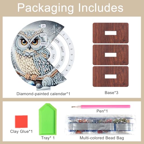 Image of 3D Diamond Art Tabletop Calendar Kit, DIY Wooden Perpetual Desk Ornament with Snow Owl Design, Sparkling Diamond Painting Craft for Winter Desktop Decoration