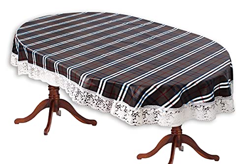 Image of The Furnishing Tree Waterproof PVC Oval Shaped 12 Seater Table Cover WxL 60x140 inches Checkered Pattern Black White with White Border lace