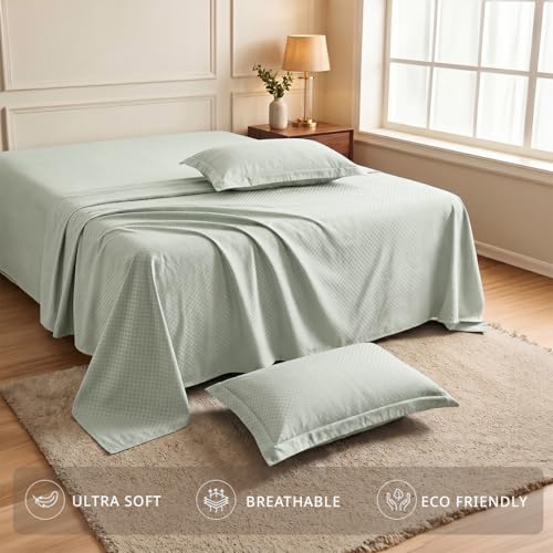 Image of LANE LINEN 400TC 100% Cotton Micro Check King Size Bedsheet - Mineral | OEKO-Tex Certified, 108 x 108 Inch, Fits King & Double Size Bed, Breathable & Wrinkle-Free, Includes 2 Pillow Covers