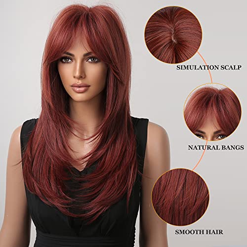 Esmee Long Straight Wine Red Wigs for Women Synthetic Layered Burgundy Synthetic Hair Wig with Fringe for Daily Party Cosplay Use-20 Inches - Image 2