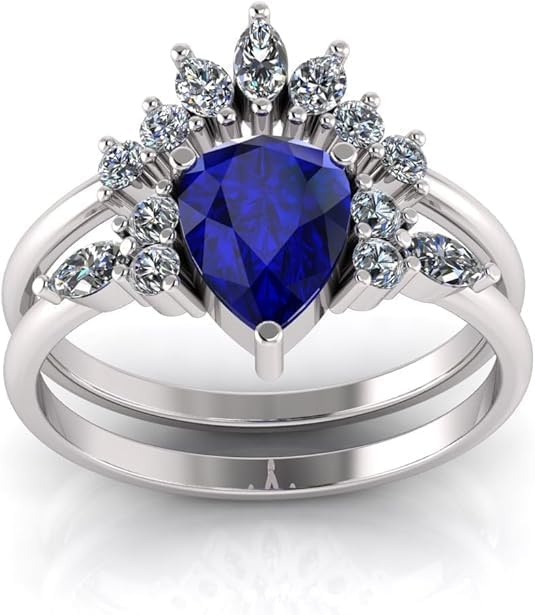 925 Sterling Silver Pear-Cut Blue Sapphire Ring, Crown Design with Diamond Accents, Bridal Engagement Wedding Ring Set
