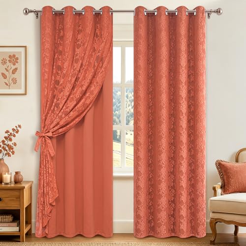 Image of Yinhua Terracotta Curtains for Living Room Double Layer Curtain with Sheer Overlay Farmhouse Blackout Curtains for Bedroom 84 Inch Length, Grommet Drapes with Tiebacks, 2 Panels
