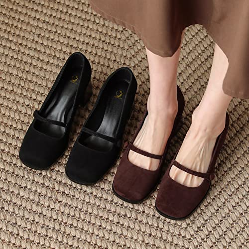 SHODENSE Women High Chunky Heel Pumps Slip On Closed Square Toe Suede Loafers Ankle Strap 2.5 Inch Thick Block Heels Dress Shoes Office Ladies Work Mary Jane Pumps Vintage Wedding Party 4-11 M US2