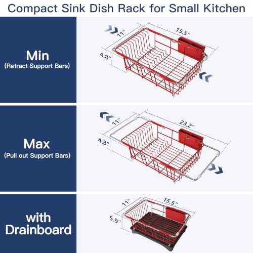 Image of JASIWAY Red Dish Drying Rack in Sink with Drainboard and Utensil Holder