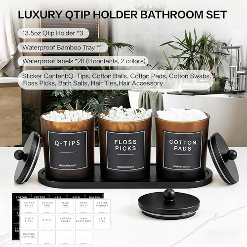 BIKALAN Glas Wattestäbchen Behälter, Schminktisch Badezimmer Organizer Set mit Tablett, Wattepadspender Make up Organizer für Wattestäbchen, Wattepads