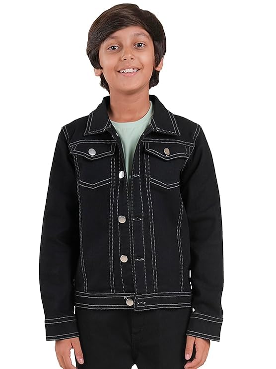 Image of KiddoPanti Boys Denim Jacket | Cotton Poly Blend with Spandex | Washed Denim, Full Sleeve | Button Closure & Front Flap Pockets | Collared Neck