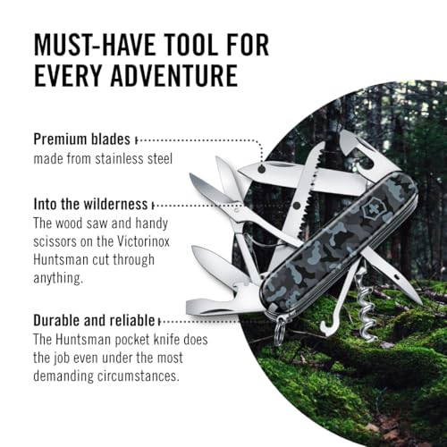 Image of Victorinox Huntsman Swiss Army Knife, 15 Functions, Swiss Made Pocket Knife with Large Blade, Screwdriver, Scissors and Wood Saw - Navy Camouflage