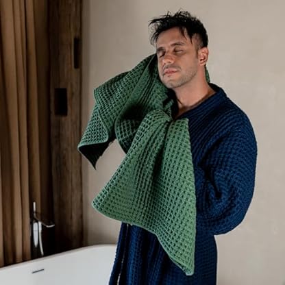 Kosmu Luxuriöses japanisches Baumwoll-Seiden-Badetuch mit Waffelmuster, Plüsch, saugfähig und schnell trocknend, inklusive Aufbewahrungstasche (Wald, komplettes Handtuch-Set (4-teilig) – Bild 5