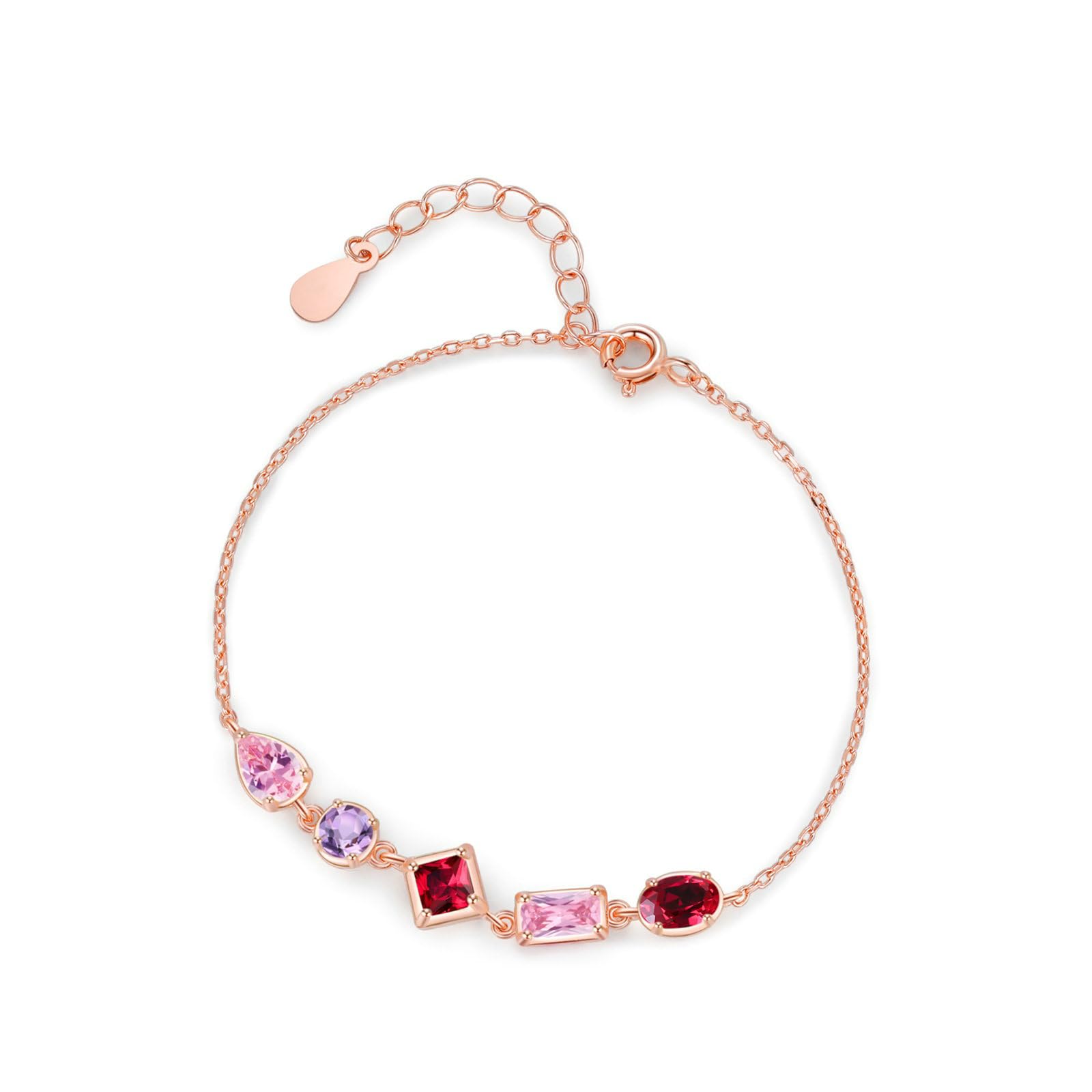Delicadas pulseras de la amistad para mujer con zafiro rosa creado y rubí creado, elegantes pulseras minimalistas para ella, oro rosa de 18 quilates | Tamaño 19 + 3 cm