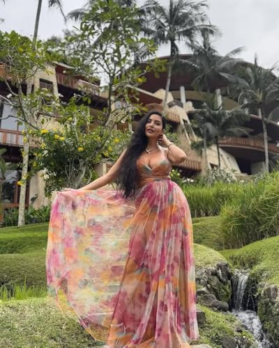 Women's Floral Print Tulle Prom Dresses Spaghetti Straps V Neck A Line Beach Summer Dresses XOD04744