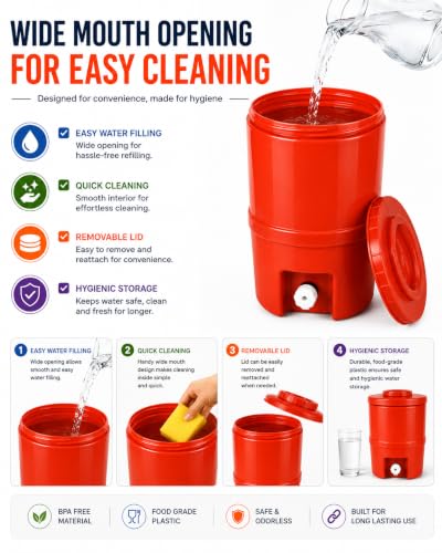 Image of Plastic Water Jug | Food Grade | Insulated Water jug Cool Chilled Water Camper jar (Red, 15 litres)