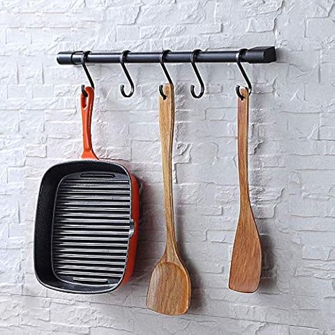 KAIYING Kitchen Utensil Rack with Removable S Hooks, Pot and Pan Hanging Rack, Rod Hooks for Mugs, Pot & Pan Racks, Wall Mounted Kitchen Utensil Rail Organizer, Aluminum,(Black-5 Hooks) Cover