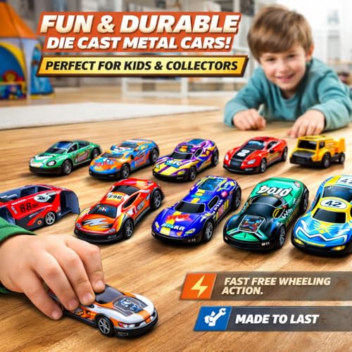 Image of Metal Car Pull Back Race Car Set - 10 Pcs Combo | Hot Wheels Set Style Sports Pack | Pull Back Race Cars & Police Cars | Die-Cast RC Look | Birthday Gifts for Kids (3+ Years)