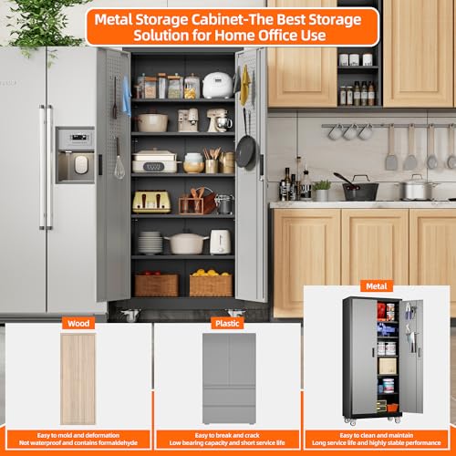 Image of Aobabo Metal Garage Cabinet with Wheels, 34 inch W x 18 inch D x 71 inch H,Gray