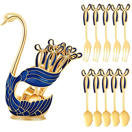 Gusnilo 11PCS Dessert Spoon and Fork Holder Dinnerware Set 11PCS ,Swan Base Holder with 5 Forks and 5 Spoons Metal Creative Dinnerware Set Mini Dessert Spoons Dessert Shop(Blue,Swan)