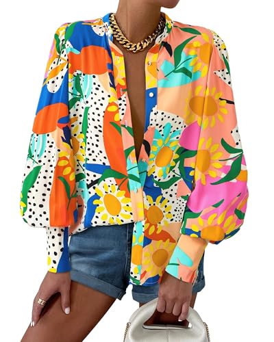 KIRUNDO Boho Tops for Women Blouses Dressy Casual 2025 Summer Fall Long Sleeve Floral Button Down Shirts Date Outfits