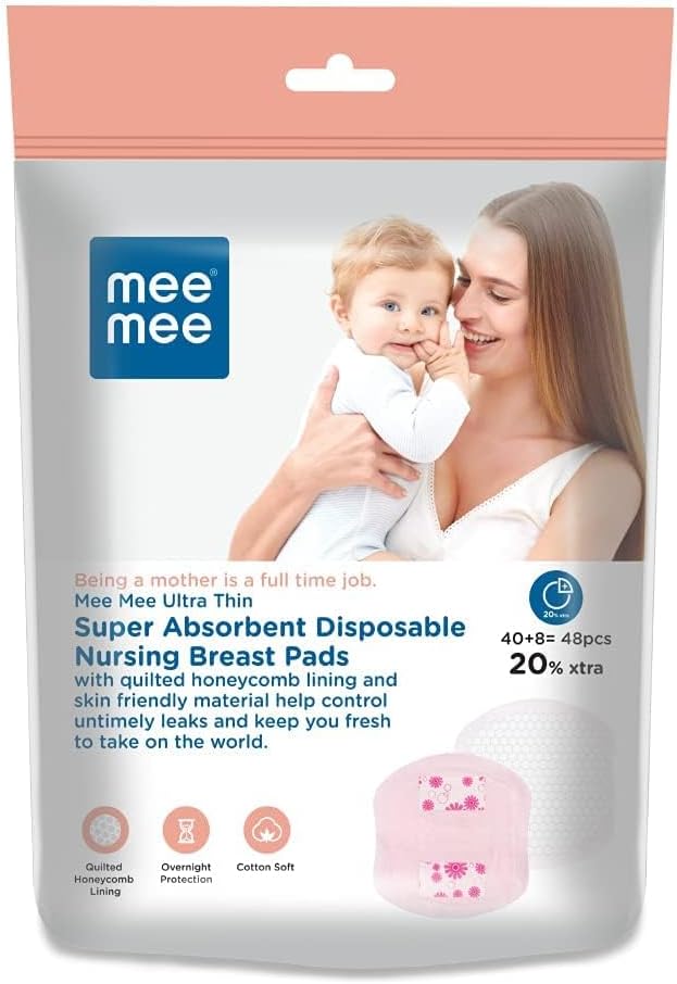 Mee Mee Disposable Nursing & Maternity Breast Pads 48 Pcs | Ultra Thin Honeycomb Pads with Leak Guard | Super Absorbent Soft Cotton | Compact, Leakproof, Skin-Friendly, Breastfeeding Pads for New Moms