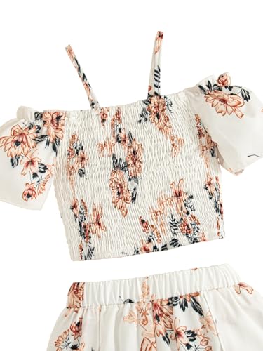 Image of Girls Summer Clothes 2 Piece Outfits Kids Floral Print Off Shoulder Crop Top and Shorts Skirt Clothes Set