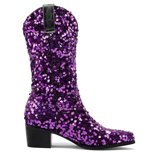 KIKIVIVI Women's Glitter Sequin Mid Calf Boots: Snip Toe, Chunky Block Heel, Sparkly Cowboy Cowgirl Boots for Women - Black2