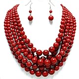 Statement Beaded Layered Strands Red Simulated-Stone Pearl Beads Necklace Earrings Set Gift Bijoux