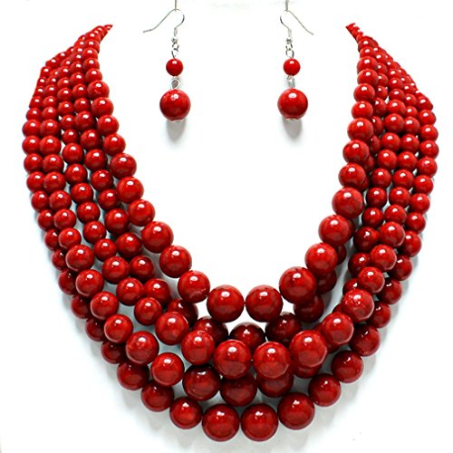 Affordable wedding jewelry, Esmor Chunky Statement Beaded Layered Strands Red Simulated-Stone Pearl Beads Women Necklace Earrings Set Gift Bijoux