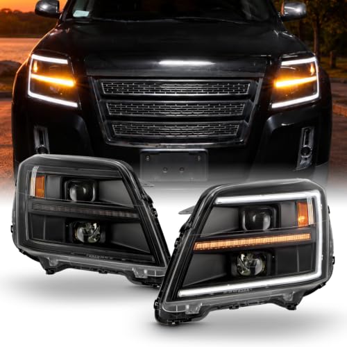 AKKON - Fits 2010-2015 GMC Terrain LED DRL Tube Sequential Turn Signal Projector Black Headlights Pair Driver+Passenger
