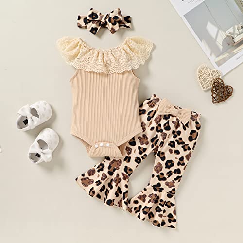 Younger Tree Newborn Infant Baby Girl Clothes Outfits Lace Round Collar Romper Bodysuit Floral Cow Print Pants Headband 3Pcs Summer Clothes Set(6-12 Months,A1 Leopard) #TOP2