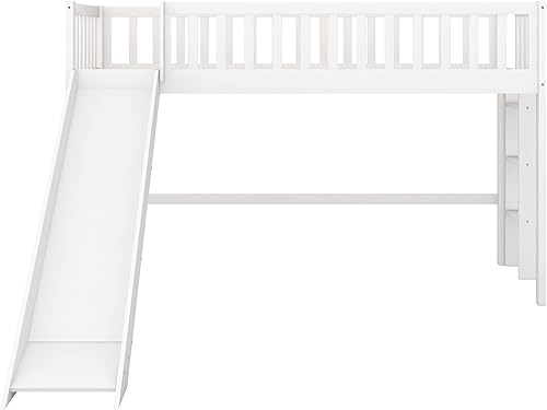 Miniatura 7 de Bellemave Cama alta baja, cama alta tamaño individual con tobogán, base de cama baja de madera con barandillas y escalera lateral para niños, niñas,